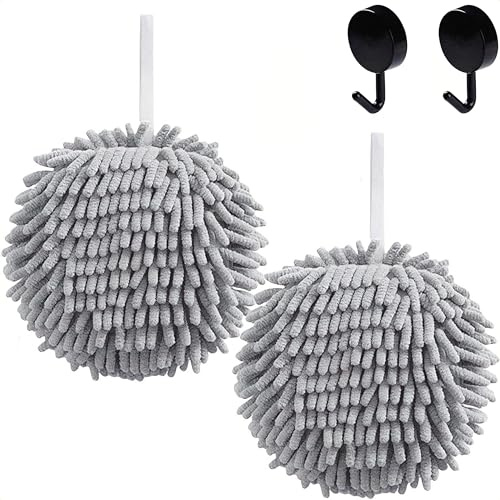 Frbryak 2 Pcs Fluffy Ball Hand Towel for Bathroom with 2 Hooks (2 Gray) | Fuzzy Ball Hand Towel, Soft, Absorbent, Quick Dry, Cute, Decorative, Microfiber Puff Ball Hand Towel, with Hanging Loop