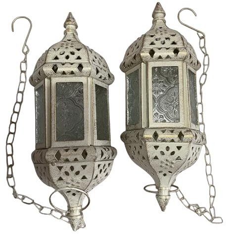 2PCS Moroccan Hanging Decorative Candle Lantern Holder Metal Tealight Candlestick Holder Glass Indoor Outdoor Candle Holder Courtyard Hanging Decoration (Vintage White)