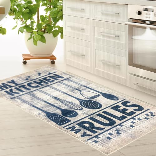 Teppich-Traum Küchenläufer beige mit Gelrücken waschbar mit Kochutensilien und Schriftzug in schwarz, 80 x 200 cm