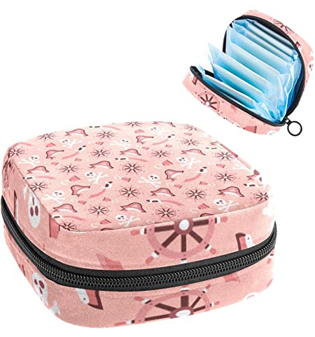 Perioden-Tasche, tragbare Tampon-Aufbewahrungstasche für Damenbinden, rosa Piraten-Element, Mehrfarbig, 4.7x6.6x6.6 in/12x17x17 cm