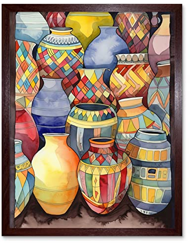 Artery8 Glazed Ceramic Pot Vases Folk Art Artwork Framed Wall Art Print 9X7 Inch