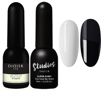 Didier Lab - Rubber Base & Top Coat Gel Nail Polish - Clear Base, No Wipe Top Coat - Long Lasting UV LED Gel - Nail Strengthener Set - 2pcs
