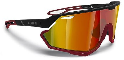 BERTONI Radfahren MTB Lauf Sportbrille für Männer Frauen in TR90 Antibeschlag Weitwinkelobjektiv mod. ALPHA (Matt Schwarz/Matt Rot – Gold Rote Spiegellinse)