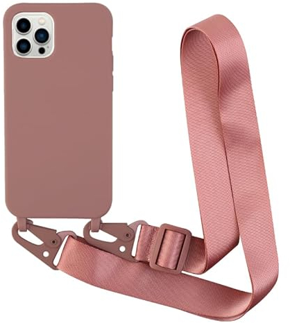 Leather Armor Handykette Hülle für iPhone 15 Pro Max (6.7) Mit Band Halsband Lanyard (Abnehmbar), Verstellbar, Stoßfest Silikonhülle - Rosa