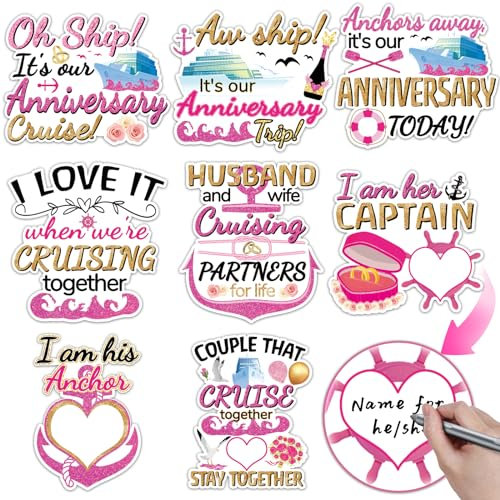 8pcs Large Anniversary Cruise Door Magnets Decorations, Pink Cruise Ship Door Magnetic Anniversary Party Sign Decors for Car Fridge Refrigerator Wedding Carnival Cruise Stickers Decals Supplies Favors