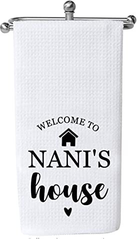 LEVLO Nani Gift - Asciugamano da cucina con scritta Welcome to Nani's House Nani's House, idea regalo per nipoti (NANI'S house MKU)