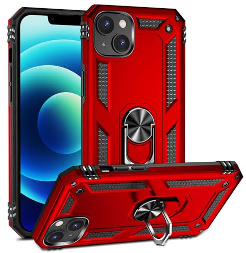 Fetrim Hülle für iPhone 15, stoßfest Schutzhülle mit Drehring Ständer für Apple iPhone 15 Rot