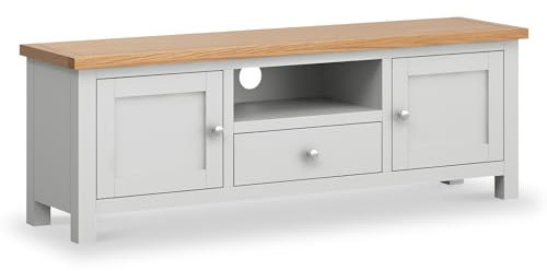 Farrow Grey 140cm Wide TV Unit for Living Room | Roseland Furniture Large Painted Television Stand Cabinet Solid Wooden with Oak Top for TVs up to 63 inches, Fully Assembled