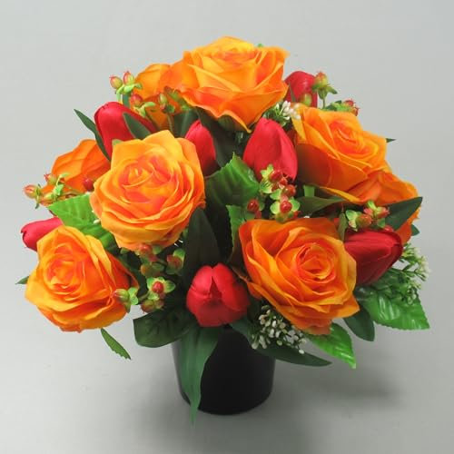 Just Because Flowers Artificial Grave Flower Arrangement in Grave Pot with Orange Roses, Red Tulips and Hypericum, 27cm