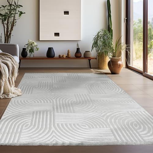 Teppium Kurzflor Teppich Läufer Flur 80 x 250 cm Silber - 3D Teppich Waschbar, Skandinavisches Stil, Geometrisch und Weich - Ideal als Bettvorleger im Schlafzimmer, Küchenläufer, Wohnzimmerteppich