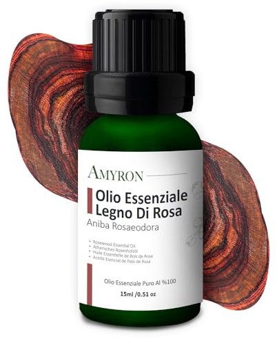 Olio Essenziale Legno Di Rosa 15ml AMYRON | Rosewood | Naturale E Puro Al 100% Ideale Per Aromaterapia E Uso Terapeutico | Diffusore Oli Essenziali | Massaggi aromatici | Uso Alimentare | Senz OGM.