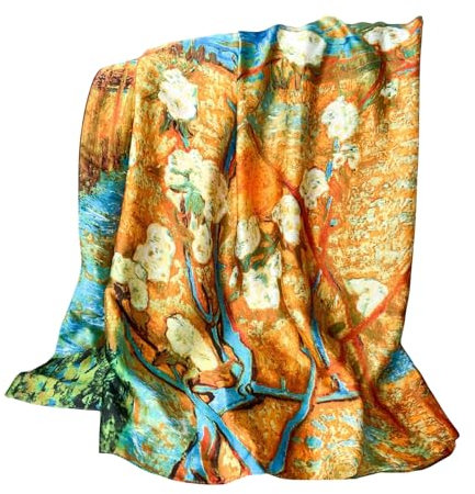 Silk Scarf Women Green Shawl Stain Neckerchief Head Wraps Thin Scarf Ladies Beach Shawl Vintage Painting Bridal Belt Chiffon Scarf Muslim Colourful Cloth Birthday gifts (Green-kapok)