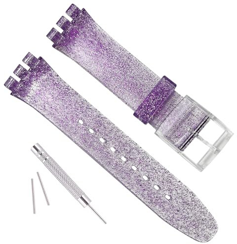 GREENOLIVE Bracelet de montre de rechange en caoutchouc de silicone pour Swatch (17 mm, 19 mm, 20 mm) (17 mm, violet scintillant)