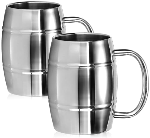 COM-FOUR® Taza de Acero Inoxidable XL - Jarra de Cerveza 400 ml - Taza para Acampar de Doble Pared (2 Piezas, Color Plata, Aspecto Barril)