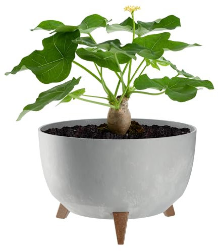 KADAX Maceta Decorativa de Plástico con Soporte Integrado, Macetero con Tres Patas de Imitación Madera para Interior y Exterior (Hormigón Gris, 33 cm)