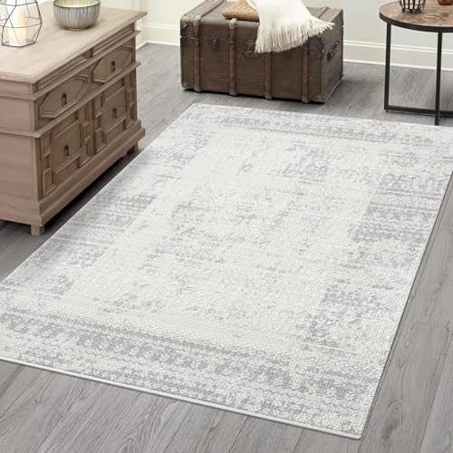 carpet city Teppich Wohnzimmer - Grau - 80x150 cm - Klassisch Modern - Vintage, Bordüre - Teppiche Kurzflor Schlafzimmer, Esszimmer