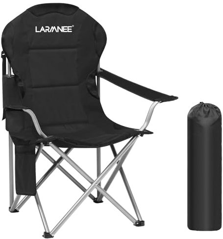 LARMNEE Chaise Camping, Chaise de Pêche Pliante, Porte-gobelet et Pochette latérale, Chaise de Plage avec Dossier Haut et Assise en éponge Respirante, pour Camping, Noir EBK01LC02