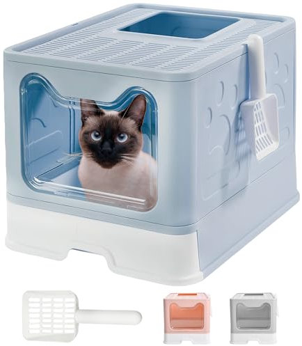 JUPPLIES Arenero Gatos Cubierto Plegable 51x38x41cm – Caja Arena Grande con Doble Entrada, Bandeja Extraíble y Pala de Fácil Limpieza – Cat Litter Box para Gatos Grandes y Pequeños (Aqua)