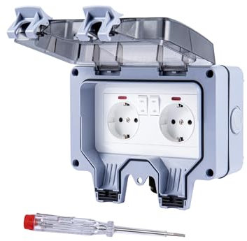 Trintion Außensteckdose Steckdose 2 Gruppen IP66 Wasserdicht Steckdose mit Schalter Kontrollleuchte 13 Ampere Outdoor Steckdose Wandsteckdose Gartensteckdose (kein Verlängerungskabel)