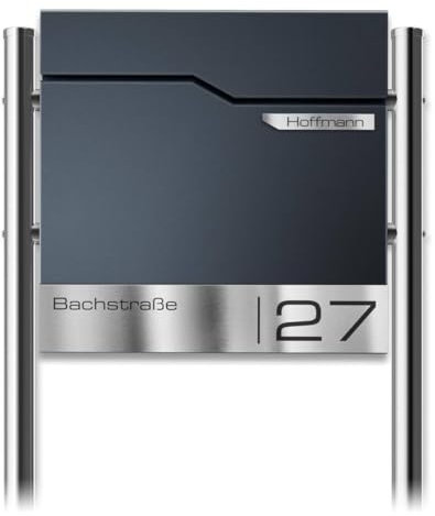 Metzler Design Briefkasten mit Pfosten Thobe - inkl. V2A Edelstahl-Namensschild - Standbriefkasten in Anthrazit RAL 7016 - Postkasten inkl. Zeitungsfach - Größe: 37 x 37 x 10,5 cm