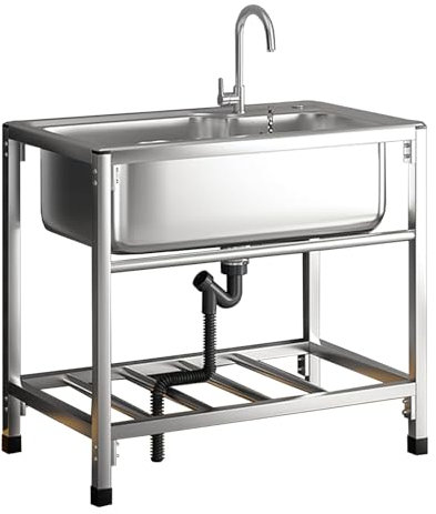 WWERTYY Grand Évier Cuisine 1 Bac,Évier INOX Autoportant avec Robinet et Support,Évier Utilitaire Plonge INOX pour Cuisine, Restaurant, Garage, Jardin 68x44cm