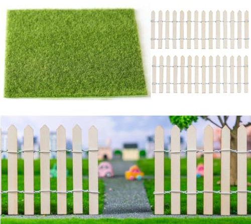 KARLOR Miniatur Kunstrasen mit Minizaun Set, 2 Zaun+ Kunstrasen 30x30CM, Holz Gartenzaun Mini Garten Deko Feengarten Zaun Kunstrasen zum basteln Kunstrasen Teppich für Mikrolandschaft Wichtel Garten