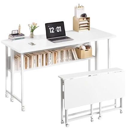 MAGIC SELECT Klappschreibtisch mit Rollen, Schreibtisch Klappbar, mit Ablage Weiss, Computertisch, Kompakter und Beweglicher für Büro, Zuhause. 120x60x80 cm.