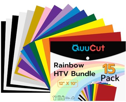 QuuCut Heat Transfer Vinyl Bundle: 15 Pack 12 x 10 Sheets, Rainbow HTV, 13 Assorted Full Matte Color Iron on Vinyl for T-Shirts, Cricut & Silhouette - Easy to Cut & Weed