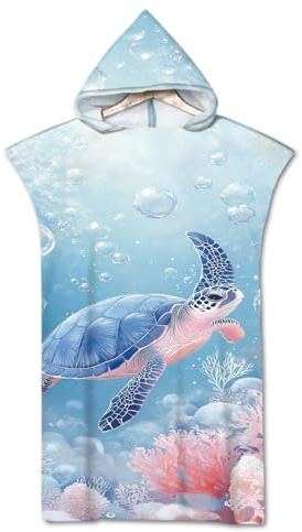 Rowjoy Poncho de bain avec capuche, tortues de mer, microfibre, 75x110 cm, serviette de plage, idéal pour la plage, le surf, le sauna (bleu-#Turtle)