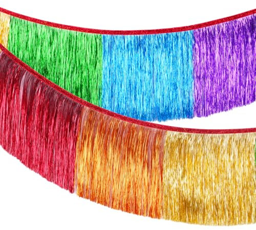 G2PLUS Fransen Girlande Bunt Tinsel: 2m Glänzende Party Deko mit 20cm Lametta für Karneval, Fasching, Stadtfest, Silvester, Christopher Street Day