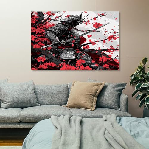 Wandbilder Dekoration Wohnzimmer Samurai mit Katana und Rüstung Bilder auf Leinwand 70x140cm Leinwandbild Schlafzimmer Küche Deko Wand Kunstdruck Art Groß XXL Wanddeko Bild Wall Decor Canvas