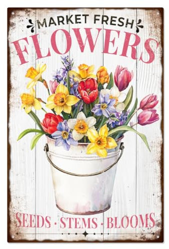 WADORN Vintage Market Frische Blumen Metall Blechschild, 20x30cm Lustiges Retro Garten Blechschild Gärtner Geschenk Wandkunst Plakette Outdoor Poster Dekor Für Garten Hof Zuhause