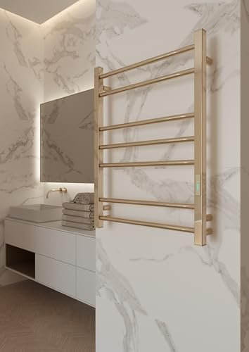 Elna Kompakter Handtuchheizkörper Gold – Elektrisch 103W – 710 x 530 mm – Wandmontage – Edelstahl Heizkörper für Büro, Studio, Gäste-WC – Mit Timer, Thermostat & IP44