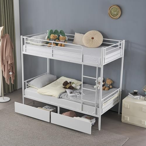 GALER Twin Over Twin Bunk Bed, Heavy Duty Metal Single Bunk Bed Frame with 2 Drawers & Ladder & Safety Guard Rails, Space Saving High Sleeper Beds for Kids, Teens & Adults (White)