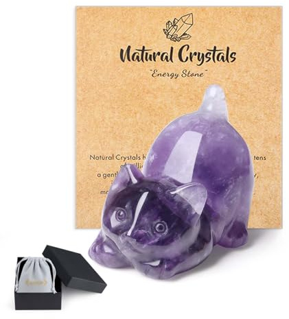 QINJIEJIE Amethyst Crystal Cat Figurine Cat Gifts for Cat Lovers | Amethyst Good Luck Cats Themed Figurines Desk Decor, Purple Spiritual Crystal Gifts for Lovers Men Christmas Presents