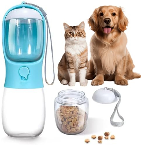 AHIZ Portable 2-in-1 Dog Water Bottle with Food Container, 300ml Leak Proof Pet Water Dispenser with 100g Food Storage, Travel Bottle for Dogs & Cats, for Walking, Hiking & Outdoor Use (Blue)