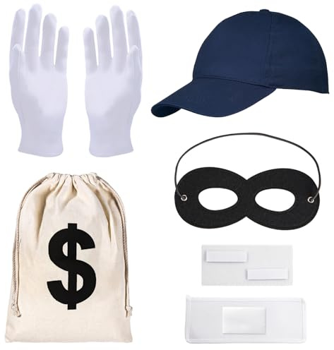 OPEIXSAYKOC Panzerknacker Kostüm Accessoire,Maske+Cap+Handschuhe+Geldsack | Cosplay Einbrecher Räuber Accessoire,für Halloween Karneval Fasching Verkleidung