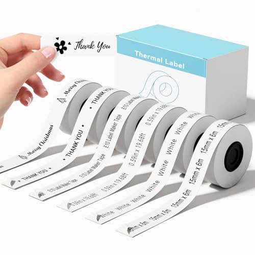6 Rollen kompatibel mit SUPVAN E10 & E11 Label Maker Tape weiß | 15mm × 6m selbstklebendes Mehrzweckband, Nicht in der Katasymbol App, bitte SUPRINT App verwenden