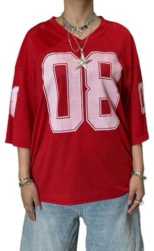 Anuedgis Damen Y2k Oversized Jersey Shirts Cute V Neck Number Graphic Basketball T-Shirt Sommer Ausgehen Varsity Top Ästhetische Kleidung