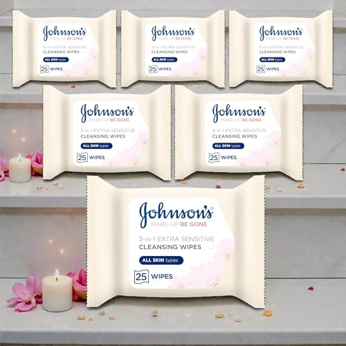 Johnson’s Makeup Be Gone Extra-Sensitive Wipes – 6 × 25 Pack (150 Wipes) – Gentle Makeup Removal for Sensitive Skin (yellow)