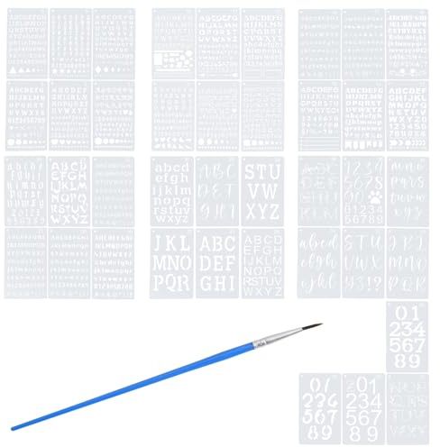 40 Stencil Lettere e Numeri con Pennello, Sagome Alfabeto Riutilizzabili | Set di 40 stencil riutilizzabili con lettere e numeri e pennello a punta, decorare e personalizzare progetti creativi