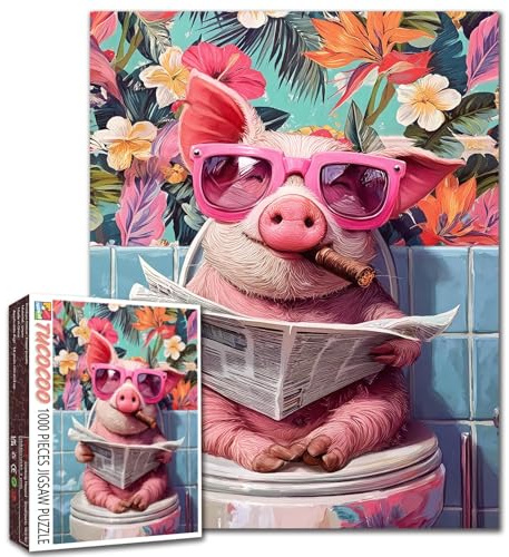 Lustiges Schwein 1000-teiliges Puzzle für Erwachsene Schwein liest Zeitung Badezimmer-Puzzle 50 x 70 cm Niedliches Tier mit Brille Puzzle Spaß Herausforderung Familienspiel Geschenk für Erwachsene