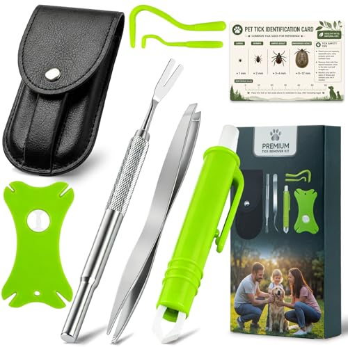 Tick Remover Tool Kit, 6-in-1 Professional Tick Removal for Dogs Cats Green