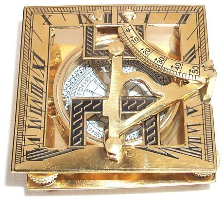 linoows Sundial Kompass, Sonnenuhr-Tischkompass in edler Holzbox, Messing poliert