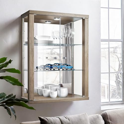 K-Möbel Vitrine Murale pour Collection (80x60x25cm) - Fabriqué en Allemagne - Petite Etagere Vitrine en Verre Suspendue avec 2 étagères réglables en Verre trempé (ESG), Miroir & LED in Chêne Sonoma