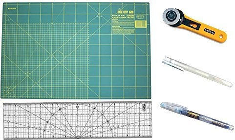Olfa Patchwork-Set, Schneidplatte 60 x 45 cm, Patchwork-Lineal 15 x 60 cm, 45-mm-Schneider, Stoffmarker für helle Stoffe und für dunkle Stoffe