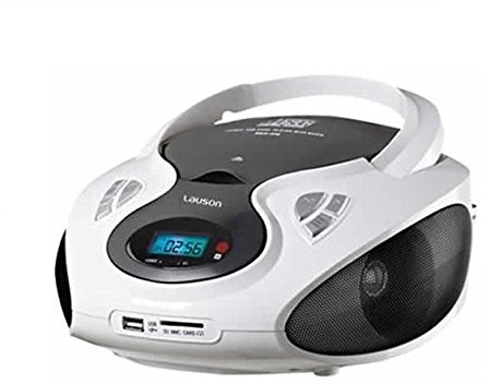 Lauson CP430, Radio Boombox FM/AM, CD Portátil, con USB, Lector de tarjetas SD, Blanco/Negro
