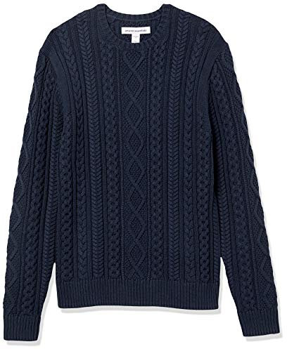 Amazon Essentials Jersey de Manga Larga 100% de Algodón con Trenzado Aran y Cuello Redondo Hombre, Azul Marino, M