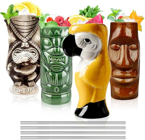 Set di 4 tazze da cocktail tiki in ceramica, per cocktail hawaiani, graziosi bicchieri da cocktail esotici, Tiki Bar professionale hawaiano party barware (confezione da 4)