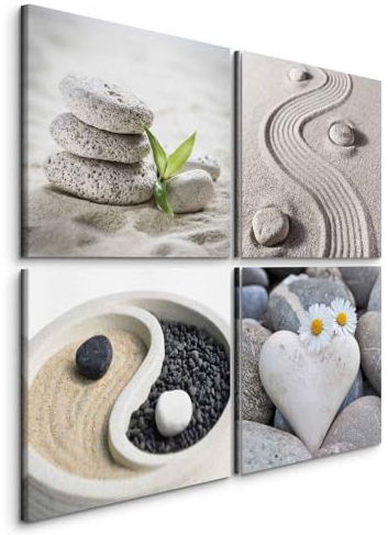 B&D XXL - Wandbilder Zen 60x60 cm 4 Teilig je 30x30 - Bilderset auf Vlies Leinwand Bilder Kunstdruck modern XXL Wohnzimmer Schlafzimmer Bild mehrteilig - Jing-Jang Steine Blumen beige Natur